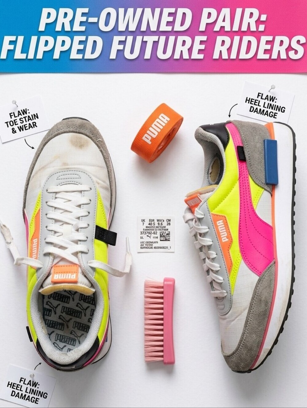 PUMA Future Rider Play On Women’s 9.5 Multi‑Color Neon Retro Sneakers 373792‑02